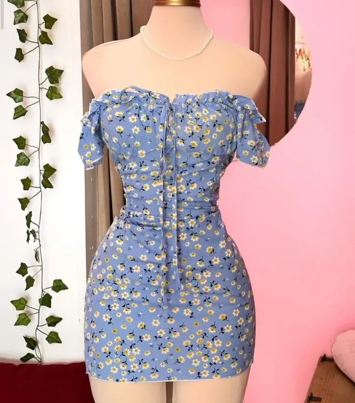 Blue pastoral style floral one-shoulder waist slim short skirt homecoming dress R3106