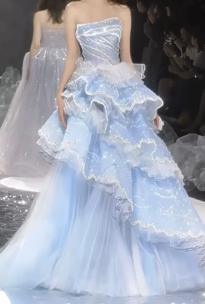 Sparkly Ruffled Women's Prom Gown Pale Blue Corset Maxi Evening Dress Birthday Dress — Fall Outfit 2026 New RS3186