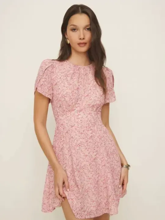 Dress Red Floral Chiffon French Style Retro Round Neck Slim Fit A-line Short Sleeve Dress R2929