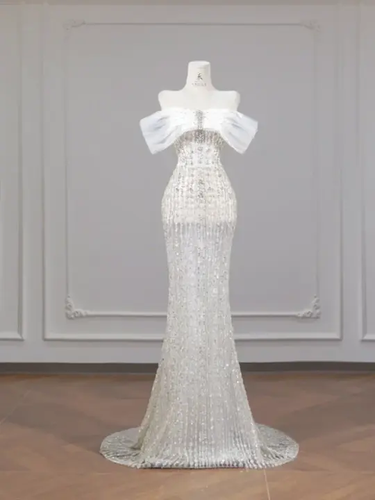 White, sparkling, off-the-shoulder, fitted, bodycon long ball gown/bridal dress R8267