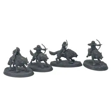 A front-angled photograph of four unpainted grey resin goblin wolf-rider archer miniatures against a white background. The figures are mounted on large, snarling wolves, and the goblins are posed dynamically drawing their bows. They are positioned on oval, cobblestone-textured bases.