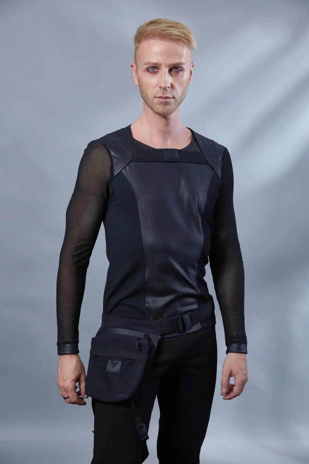 SH3-M Men's mesh sleeves, faux leather black cyberpunk shrug
