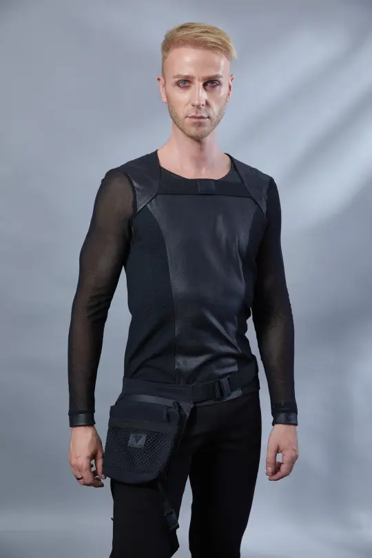 SH3-M Men's mesh sleeves, faux leather black cyberpunk shrug