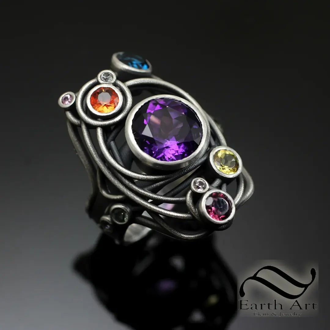Amethyst Solar System Ring - Sterling Silver