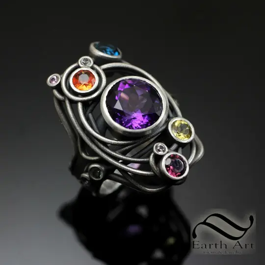 Amethyst Solar System Ring - Sterling Silver