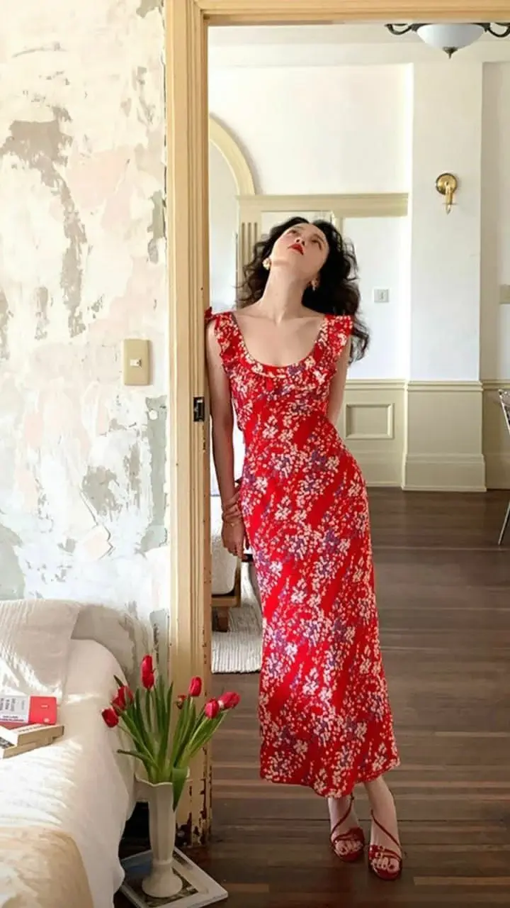 Retro red floral waist slim fit long skirt homecoming dress R3430