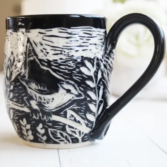 Little Birds Sgraffito Mug, Black and White Carved Coffee Cup, 13 oz., Made in USA