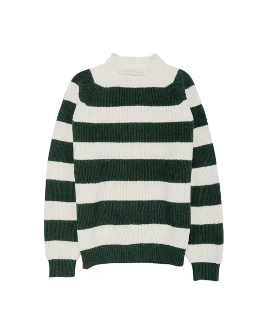 Beams Plus Hi-Neck Rib Stitch Stripe White