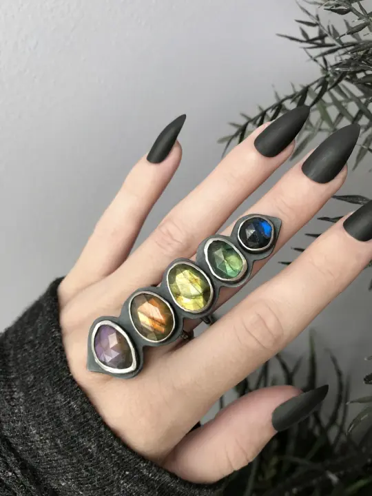 Rose Cut Rainbow Labradorite Shield Ring - Size 7.5