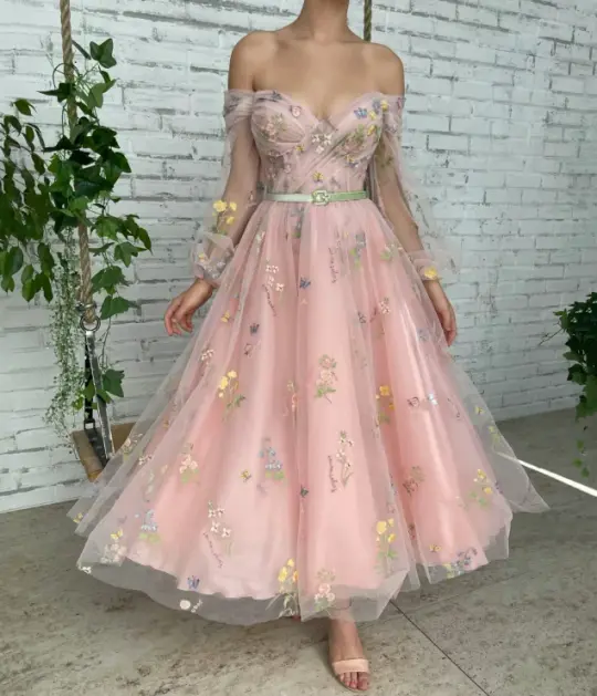 Sparkly Pink Prom Gown , Glitter Tulle Floral Corset Midi Birthday Dress RS1726