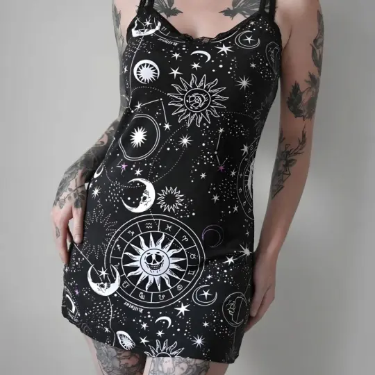 Astral Lace Cami Night Dress Black Celestial Print M