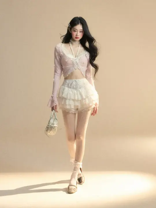 Sheer Floral Appliques Lace Tiered Mini Dress Outfit R9231
