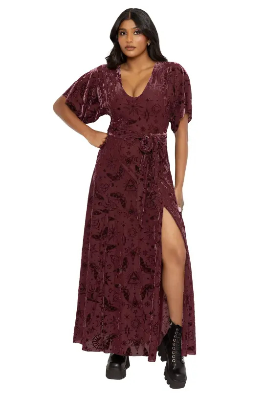 Spell Berry Burned Velvet Kimono Maxi Dress