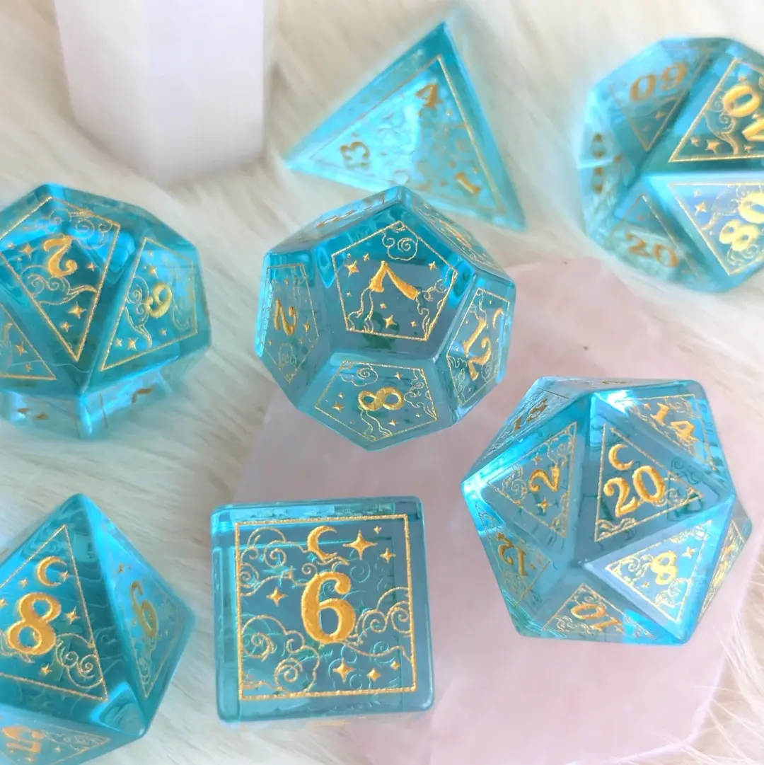 Dreamy Blue Glass Dice Set | Celestial DnD Dice with Gold Clouds, Moons, and Stars