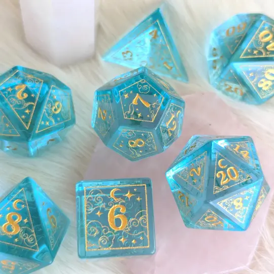 Dreamy Blue Glass Dice Set | Celestial DnD Dice with Gold Clouds, Moons, and Stars