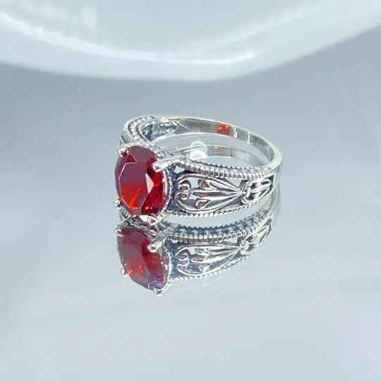 Garnet CZ Ring, Size 7, Oval Gem, Sterling Silver Filigree, Gothic Jewelry #D108 - Ready to Ship