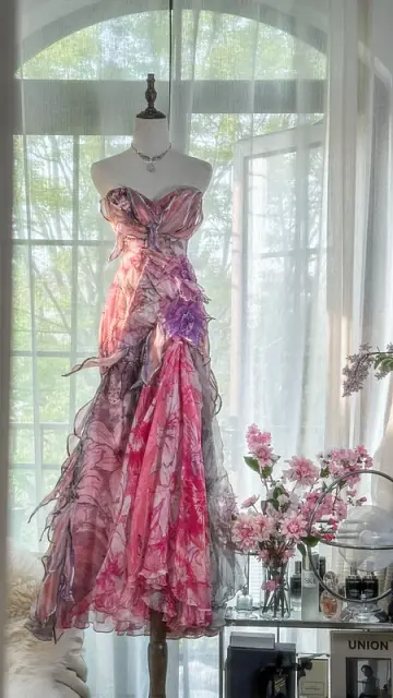 Light pink floral print strapless fitted long ball gown R7666