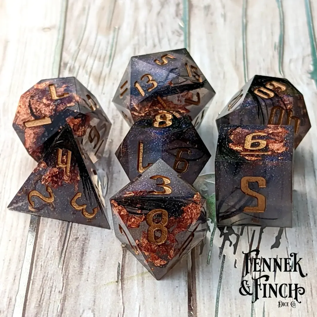 Magic Feather Dice Set – B-Grade Sharp Edge Black Feather Copper Foil DnD Dice | Fennek & Finch