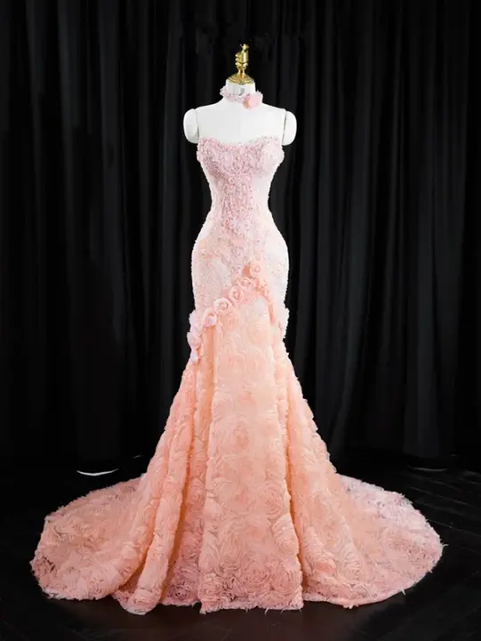 Light pink strapless fitted waist bodycon long ball gown/bridal dress R8936
