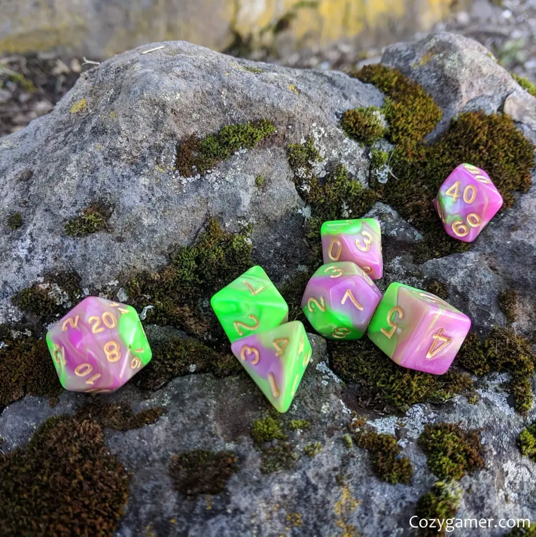 Tulip Dice Set – 7-Piece Marbled Pearly Green Pink Acrylic Floral DnD Dice