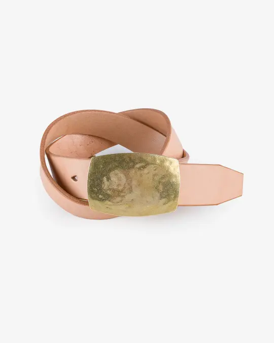 Heavy Plate Brass Buckle Tochigi Leather Belt - Natural