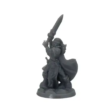 Unpainted 32mm 3D-printed armoured female paladin with her sword raised overhead and her hair loose — tabletop RPG miniature for D&D, Pathfinder & wargaming