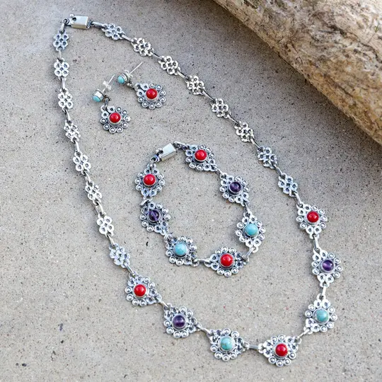 Sterling Silver Multicolor Barroco Necklace, Earrings, and Bracelet Set
