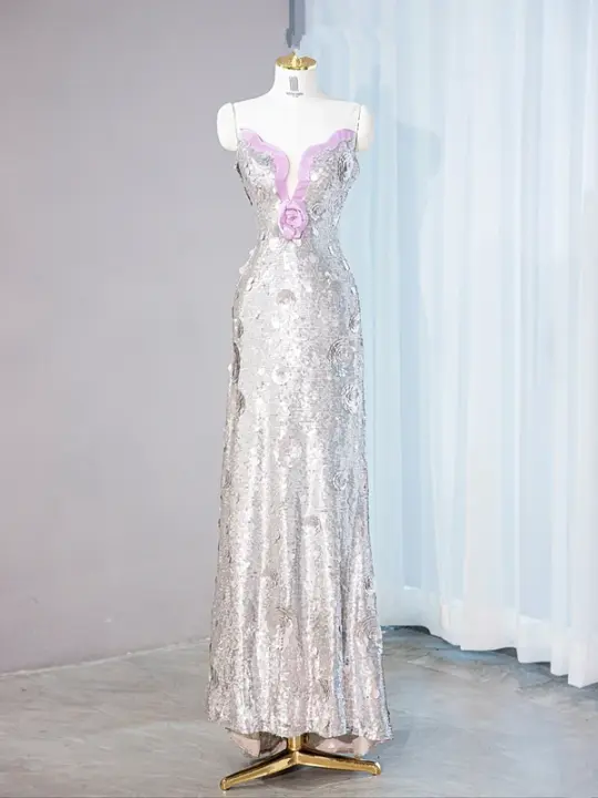 Silver strapless fitted waist bodycon long ball gown R9018