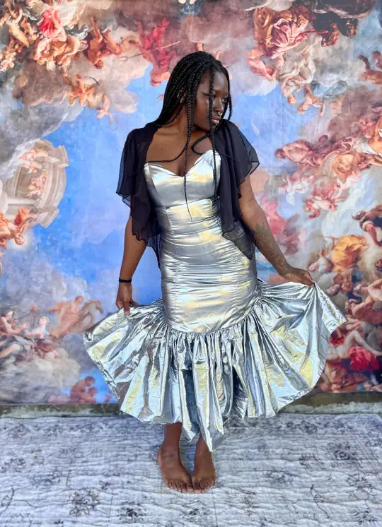 Lunar Siren Metallic Strapless Dress with Black Tulle Back Detail