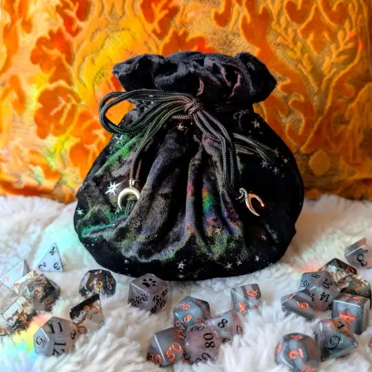 Starry Black Dice Bag – Multi-Pocket Velvet Pouch with Moon Charms