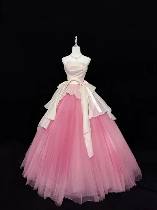 White strapless fitted waist, pink tulle skirt, long ball gown R9054