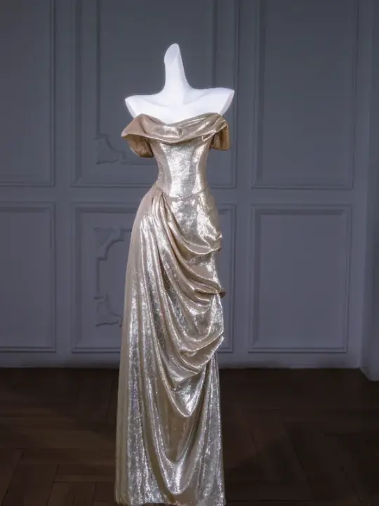 Champagne shiny slim waist sexy long dress bridal gown R5824