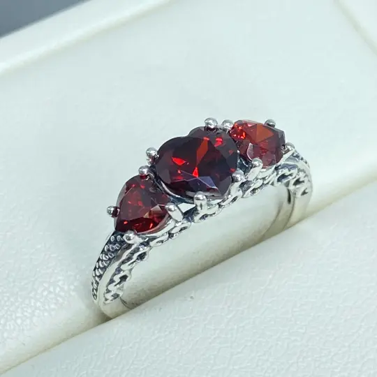 3 Hearts Ring, Size 8, Garnet CZ Gemstones, Vintage Jewelry Design#D143 - Ready to Ship