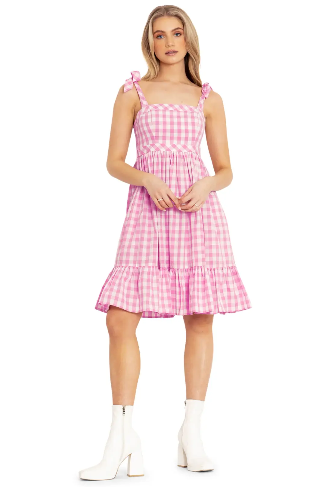 Gingham Pastel Pink Tied 'N Tiered Longline Dress