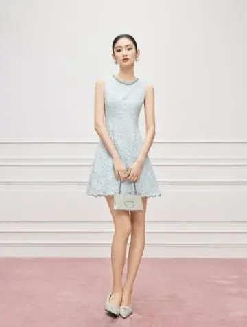 Light Blue Lace Sleeveless Dress with Rhinestone Neckline R9205