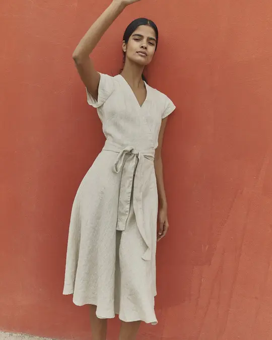 R: CANNES-2 wrap linen dress (Color: Light Butter; Size: XS)
