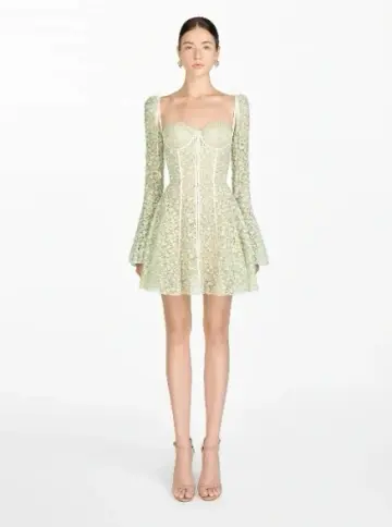 Light green floral long sleeve slim waist A-line long skirt homecoming dress R4792