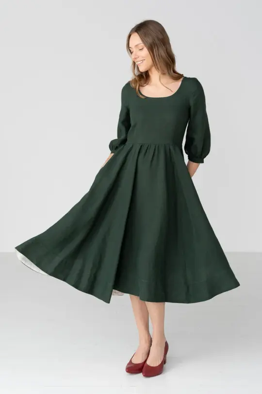 Carmen – Puff Sleeve Linen Midi Dress