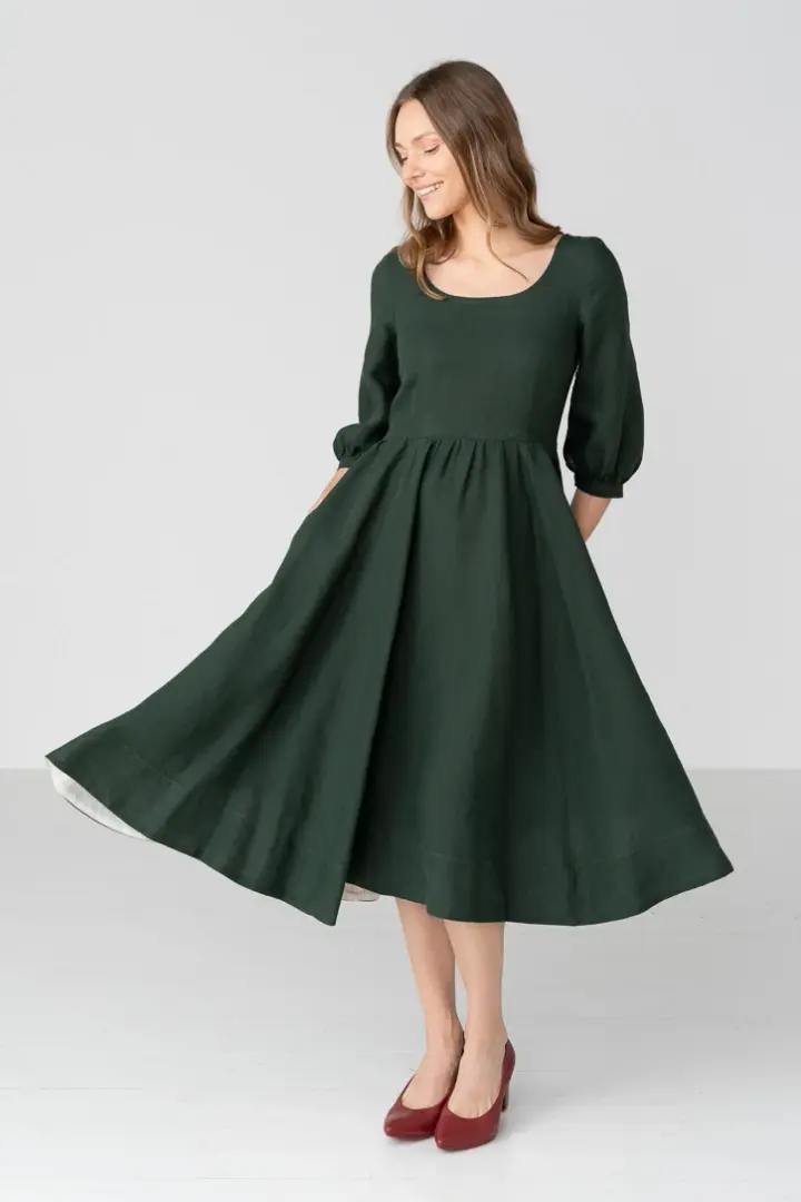 Carmen – Puff Sleeve Linen Midi Dress