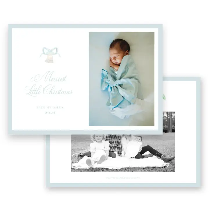 Watercolor Bell with Blue Bow and Ornaments Landscape Holiday Card