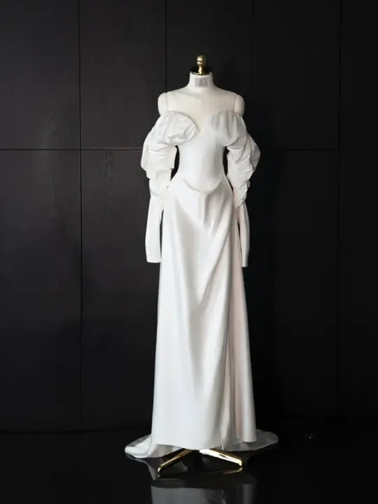 White satin off-the-shoulder fitted long ball gown/bridal dress R8959