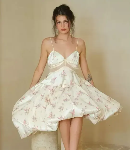 Cream Floral Cami Dress with Sheer Mesh Waist, High-Low Puff Skirt & Back Zipper R9184