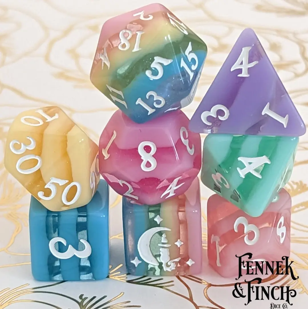 Pastel Rainbow Stripe Dice Set – 8-Piece DnD Dice | Fennek & Finch