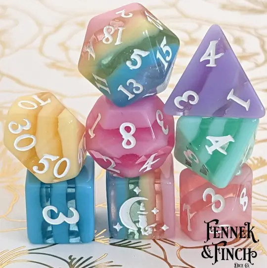 Pastel Rainbow Stripe Dice Set – 8-Piece DnD Dice | Fennek & Finch