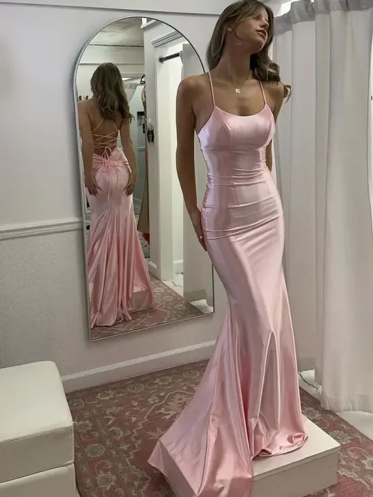 Light pink halter-neck fitted bodycon sexy ball gown R8653