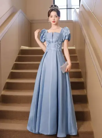 Elegant Blue Prom Dress ,A-Line Square-neck Puff Sleeves Embroidery Corset Maxi Evening Dress RS1110