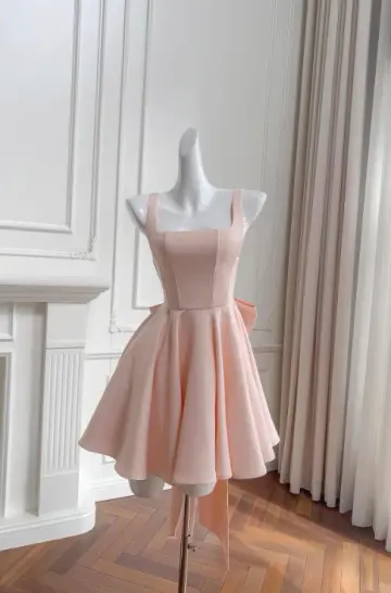 Cute Blush Pink A-Line Square Bow Back Accessory Corset Mini Party Dress Homecoming Dress RS436