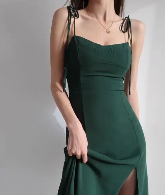 French style dark green high waisted camisole dress, retro waist cinched side slit dress R2865