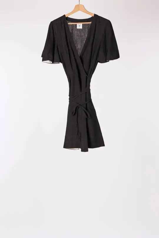 Mini Wrap Dress, Butterfly Sleeve, Black Pansy