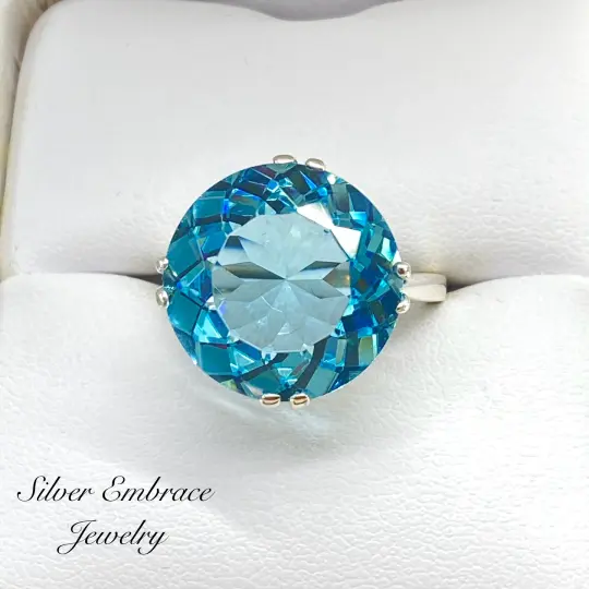 Aquamarine Ring, Size 6, Round Gem, Silver Fleur de Lis Filigree Victorian Jewelry, D07 - Ready to Ship